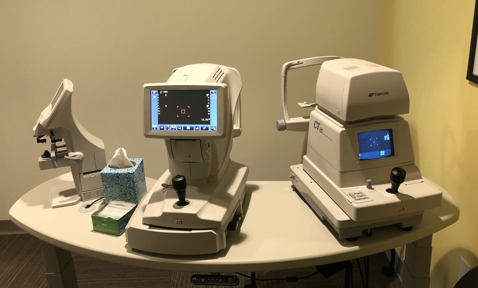Pre-test instruments on a table in an eyecare practice